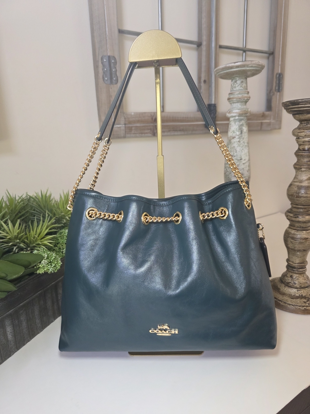 Coach Evelyn Shoulder Bag Dark Teal Smooth Leather Gold Chain- NWT - Picture 2 of 13